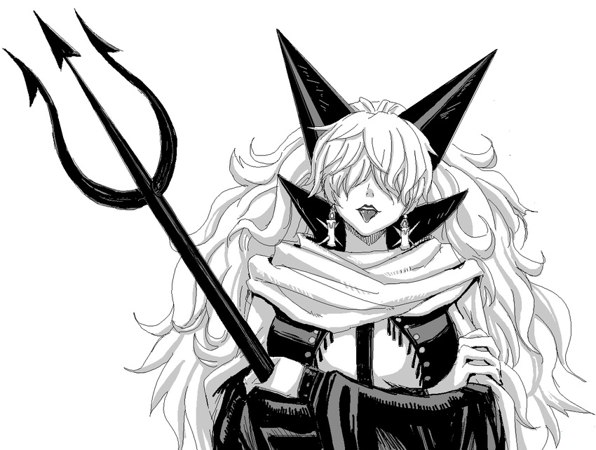 breasts candle cloak crossed_arms earrings greyscale hair_over_eyes horns jewelry large_breasts long_hair minarai monochrome one_piece polearm sadi-chan solo tongue trident very_long_hair weapon