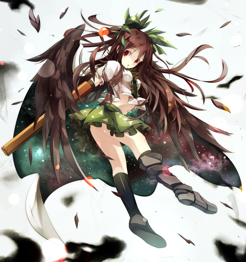 arm_cannon backlighting bird_wings black_wings bow brown_hair cape gorilla_(bun0615) hair_bow highres long_hair looking_at_viewer looking_back metal_boots midriff mismatched_footwear navel red_eyes reiuji_utsuho shirt skirt solo space third_eye touhou very_long_hair weapon wings