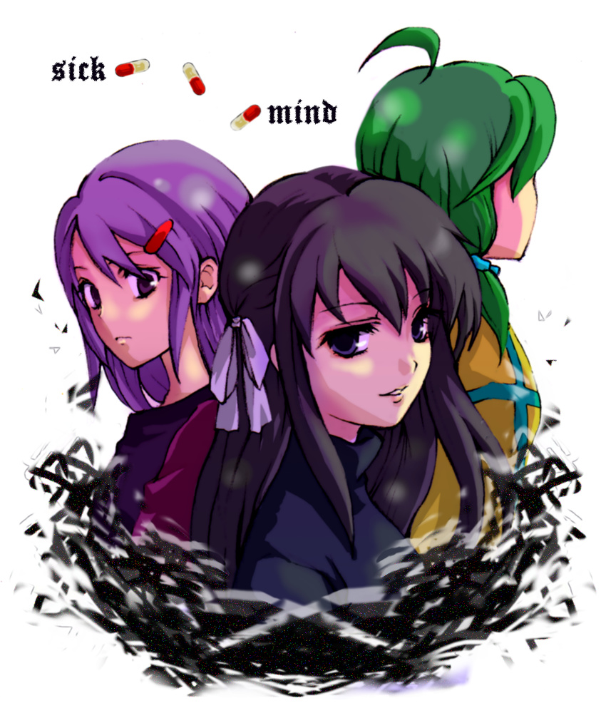 ahoge black_hair copyright_name expressionless green_hair hair_ribbon highres iratsuki kurayami_(sick_mind) looking_at_viewer misochige multiple_girls pill purple_hair ribbon sick_mind smile yamitsuki_(sick_mind)