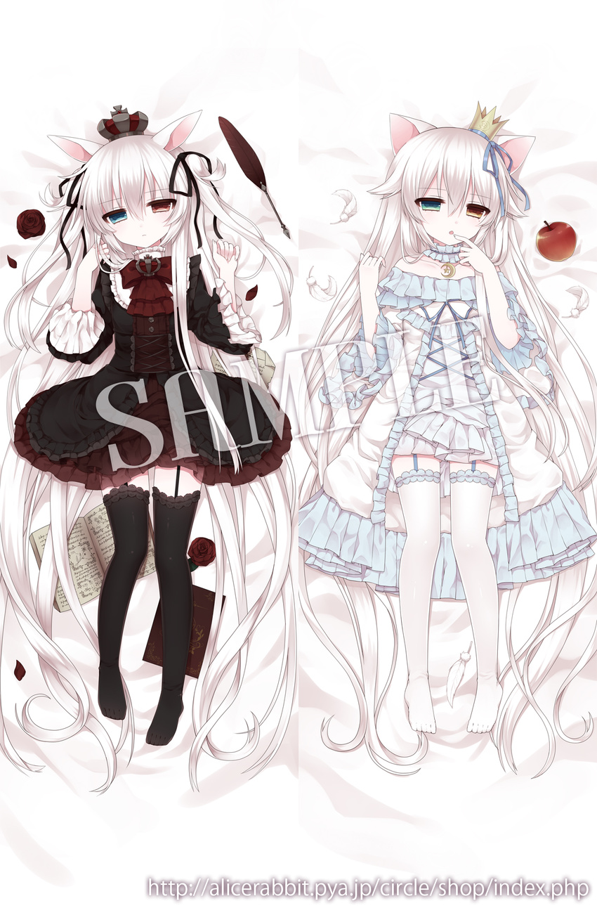 alice_claudia animal_ears apple bad_id bad_pixiv_id blue_eyes book brown_eyes bunny_ears cat_ears choker crown dakimakura dress feathers flower food fruit garter_straps gothic_lolita hair_ribbon heterochromia highres lolita_fashion long_hair lying mini_crown mole multiple_girls multiple_views on_back original quill red_eyes ribbon rose sample sweet_lolita thighhighs tsukikage_nemu two_side_up very_long_hair white_hair zettai_ryouiki