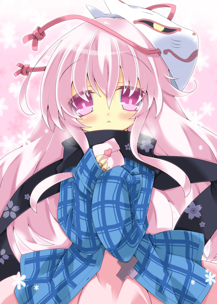 blush flower hata_no_kokoro highres long_hair mask milkpanda open_mouth pink_background pink_hair pouch purple_eyes scarf touhou