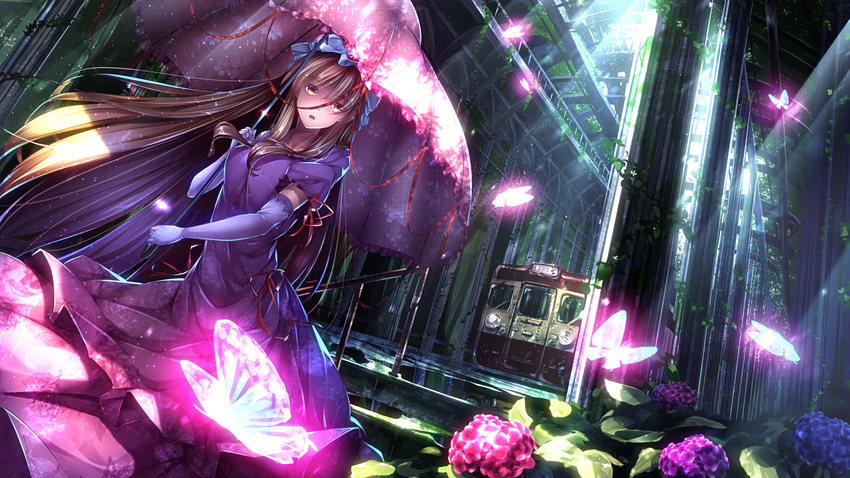 after_rain blonde_hair breasts bug butterfly ceiling collarbone dress elbow_gloves floral_print flower forest gloves glowing ground_vehicle hat highres hydrangea insect large_breasts light_rays long_hair looking_at_viewer mob_cap nature neck open_mouth overhead_line pillar plant puffy_sleeves purple_dress reflection ribbon ruins ryosios scenery solo sparkle stairs sunbeam sunlight touhou train train_station tree umbrella vanishing_point vines water yakumo_yukari yellow_eyes