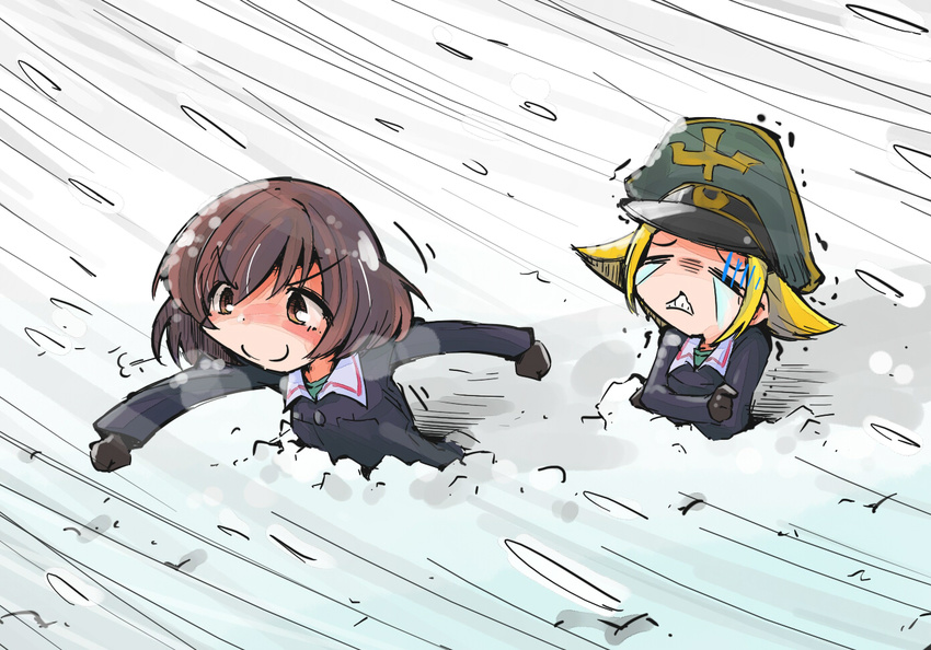 akiyama_yukari black_gloves blizzard blonde_hair blush brown_eyes brown_hair cold commentary erwin_(girls_und_panzer) girls_und_panzer gloves hat jacket long_sleeves military military_uniform multiple_girls ooarai_military_uniform peaked_cap sailor_collar school_uniform shinapuu short_hair snow snowing tears trembling triangle_mouth uniform