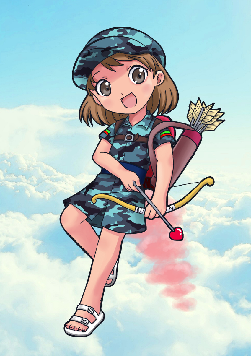 1girl baseball_cap bow_and_arrow brown_eyes brown_hair cupid flying j8d jetpack loli_cadets sandals smile