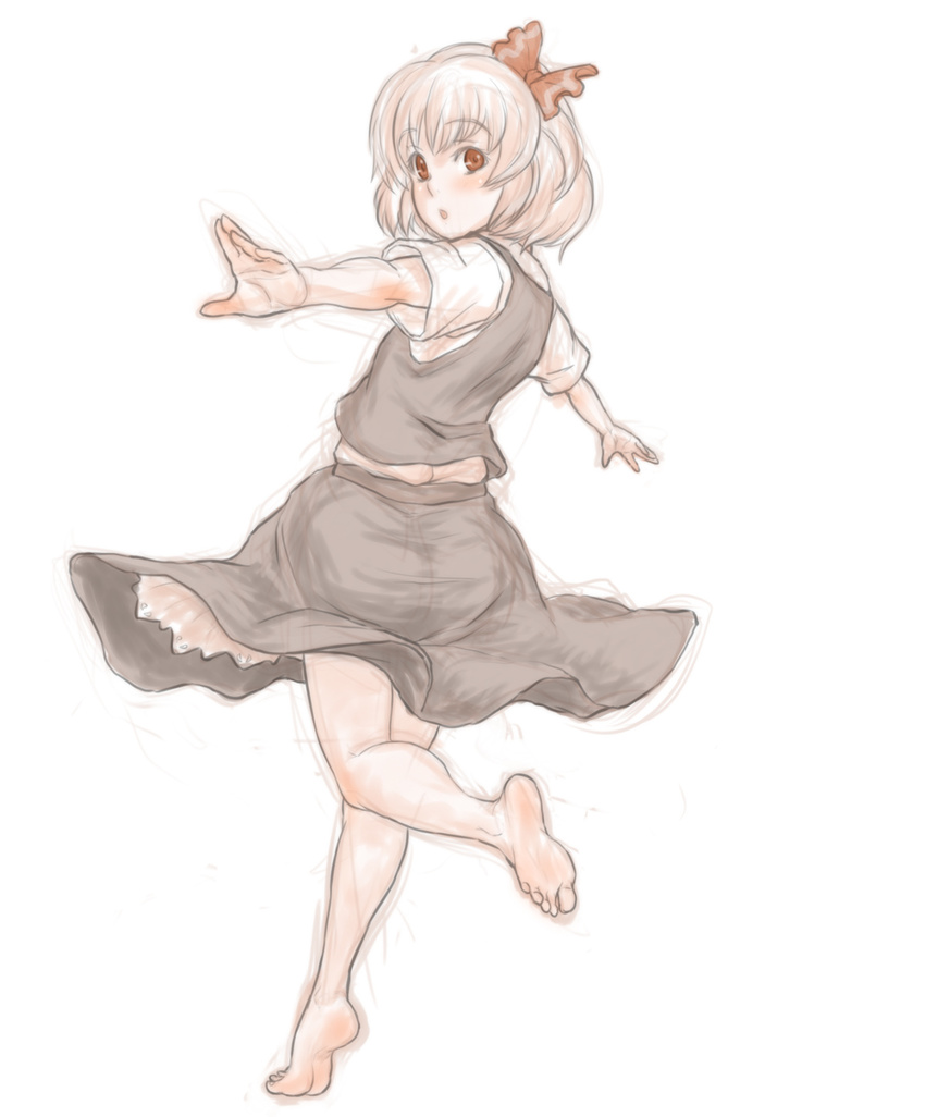 barefoot blonde_hair full_body hair_ribbon highres kuro_suto_sukii looking_at_viewer looking_back open_mouth outstretched_arms red_eyes ribbon rumia shirt short_sleeves simple_background sketch skirt skirt_set solo touhou vest white_background
