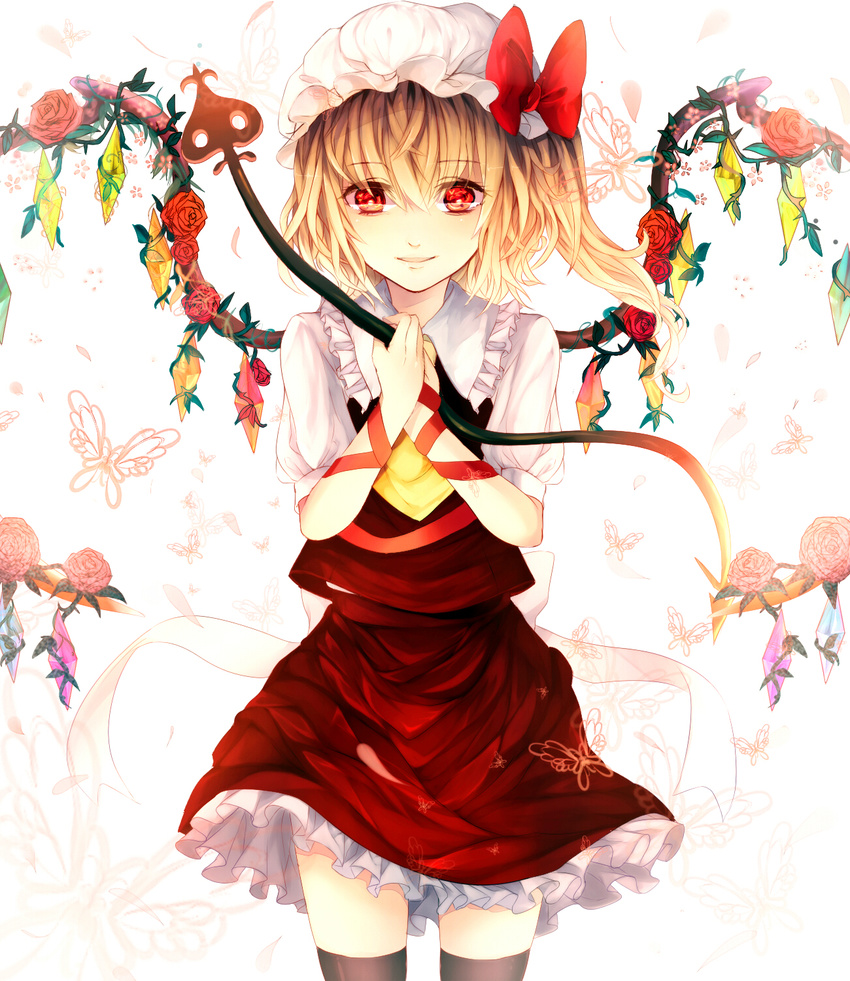 arm_ribbon ascot backlighting bad_id bad_pixiv_id black_legwear blonde_hair bow bug butterfly daimaou_ruaeru flandre_scarlet flower hat hat_bow highres insect laevatein looking_at_viewer mob_cap petals red_eyes red_flower red_rose ribbon rose shirt side_ponytail skirt skirt_set smile solo thighhighs touhou vest wings zettai_ryouiki