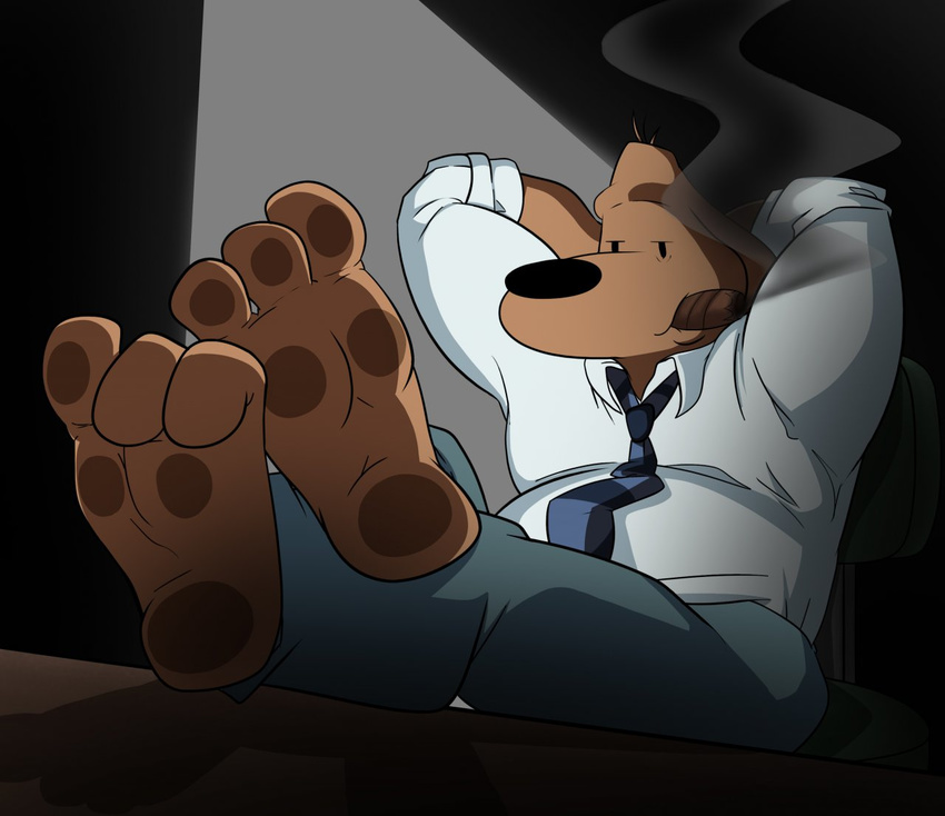 3_toes anthro arms_behind_head barefoot brown_fur canine chair chubby cigar clothing dog foot_focus fur hindpaw jerseydevil jerseydevil_(artist) legs_up light male mammal necktie pants paws plantigrade sam sam_and_max shirt smoke soles solo table toes
