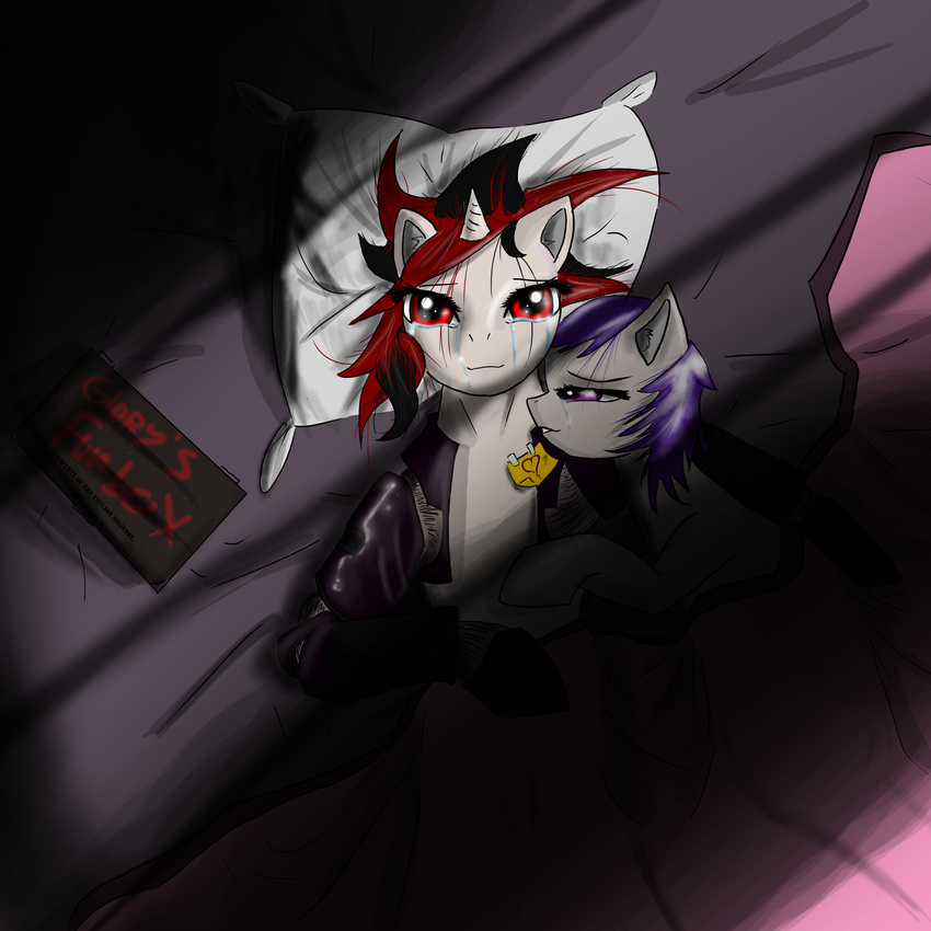 &lt;3 alluring bed blackjack_(mlp) box equine fallout-equestria:project-horizons fallout_equestria female hair horn horse lesbian looking_at_viewer mammal morning_glory_(mlp) my_little_pony original_character pegasus pillow pony red_eyes red_hair shadow sticky_note tears unicorn wings