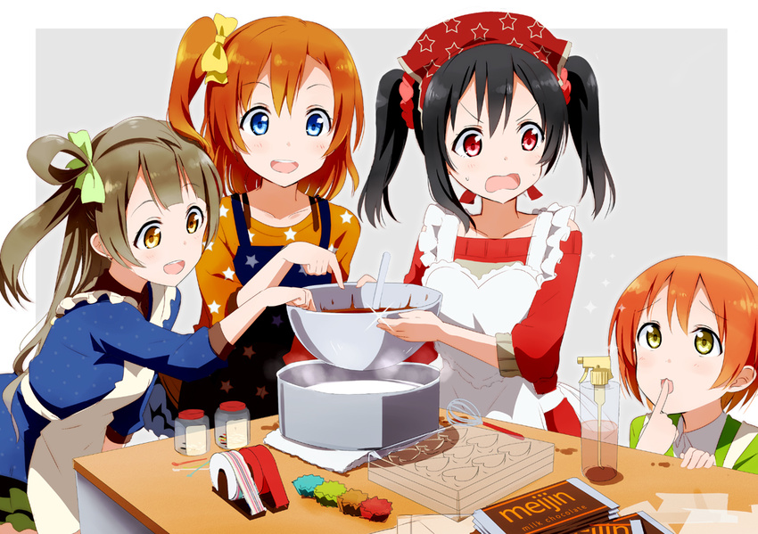 :d apron black_hair blue_eyes blush bow brand_name_imitation brown_eyes brown_hair chocolate chocolate_bar chocolate_making cooking d: finger_to_mouth gochou_(atemonai_heya) hair_bow head_scarf hoshizora_rin kousaka_honoka long_hair love_live! love_live!_school_idol_project meiji_(brand) meiji_milk_chocolate minami_kotori mixing_bowl multiple_girls one_side_up open_mouth orange_hair print_shirt shirt short_hair skirt smile star star_print sweater twintails v-shaped_eyebrows wavy_mouth whisk yazawa_nico yellow_eyes