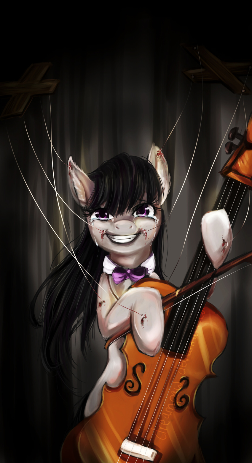 black_hair blood bow bow_(stringed_instrument) bow_tie cello creepy crying dreampaw empty_smile equine friendship_is_magic grin hair horse looking_at_viewer mammal musical_instrument my_little_pony octavia_(mlp) pony puppet purple_eyes sad smile solo strings tears torture