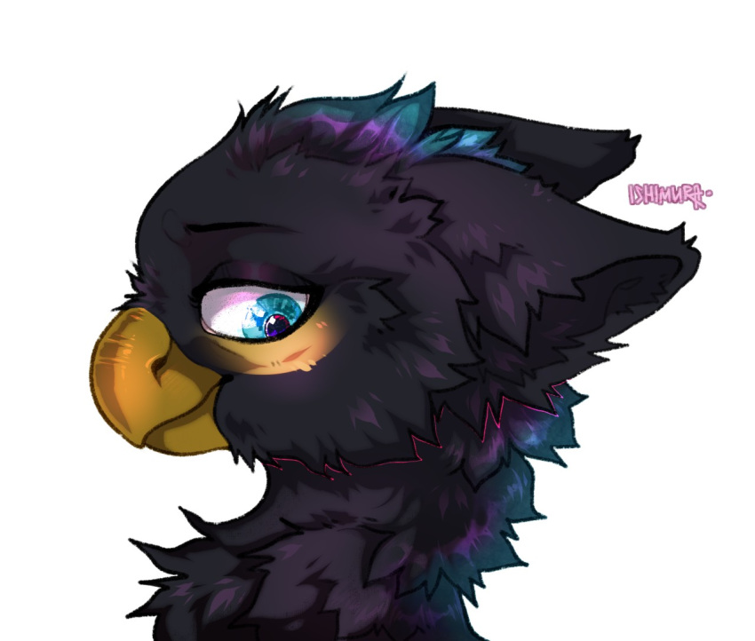 avian azukipuddles beak bird blue_eyes chest_tuft feathers female gryphon headshot lemas looking_back simple_background smile tuft yellow-billed_magpie yellow_beak