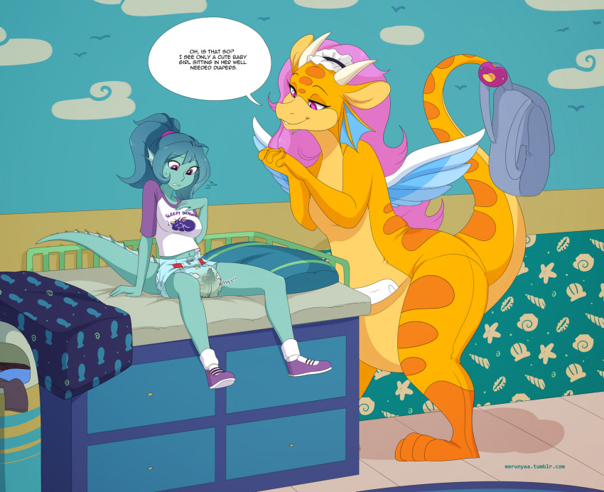 blue_body blue_diaper blue_hair bodily_fluids changing_table clothed clothing detailed_background diaper diaper_use dragon embarrassed english_text featureless_crotch footwear genital_fluids hair hi_res holding_backpack looking_at_diaper marine merfolk merunyaa mythological_creature mythological_scalie mythology pouch_(anatomy) scalie shocked shoes socks split_form tail text trash_can unclean_diaper urine used_diaper wearing_diaper wet_diaper wetting wetting_diaper wings yellow_body