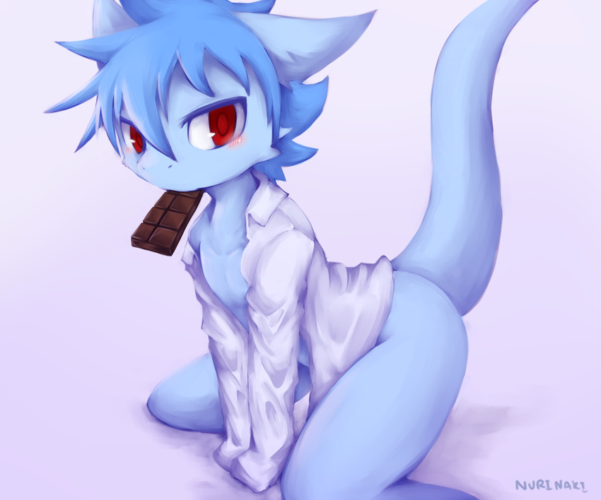 anthro blush butt candy chocolate clothed clothing cute dragon food hair half-dressed hi_res in_mouth looking_at_viewer male muscles nurinaki object_in_mouth original_character pecs plain_background raised_tail red_eyes shadow shiny shirt short_hair sitting solo white_background