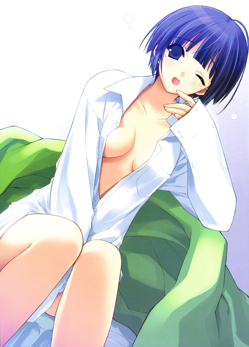 ;o absurdres bed black_hair blue_eyes blue_hair breasts center_opening cleavage dress_shirt dutch_angle highres ichinose_mio medium_breasts naked_shirt no_bra no_panties no_pants one_eye_closed open_clothes open_mouth open_shirt rotated scan shirt short_hair sitting solo suzuhira_hiro white_breath yawning