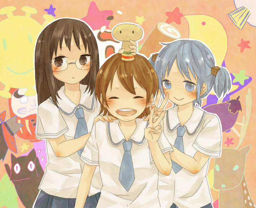 aioi_yuuko animal blue_eyes blue_hair brown_eyes brown_hair cake cat crow_(nichijou) deer eggplant food glasses highres kamakura_(nichijou) kokeshi minakami_mai mogura_(nichijou) multiple_girls naganohara_mio necktie nichijou sakamoto_(nichijou) school_uniform short_hair smile swiss_roll tokisadame_school_uniform tsuki_(kitu_tuki) twintails v