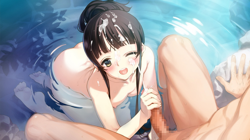 1boy 1girl 5pb. barefoot blush breasts censored cum cum_on_hair eiyuu_senki facial feet game_cg handjob himiko_(eiyuu_senki) mixed_bathing nude onsen ooyari_ashito penis smile tenco water