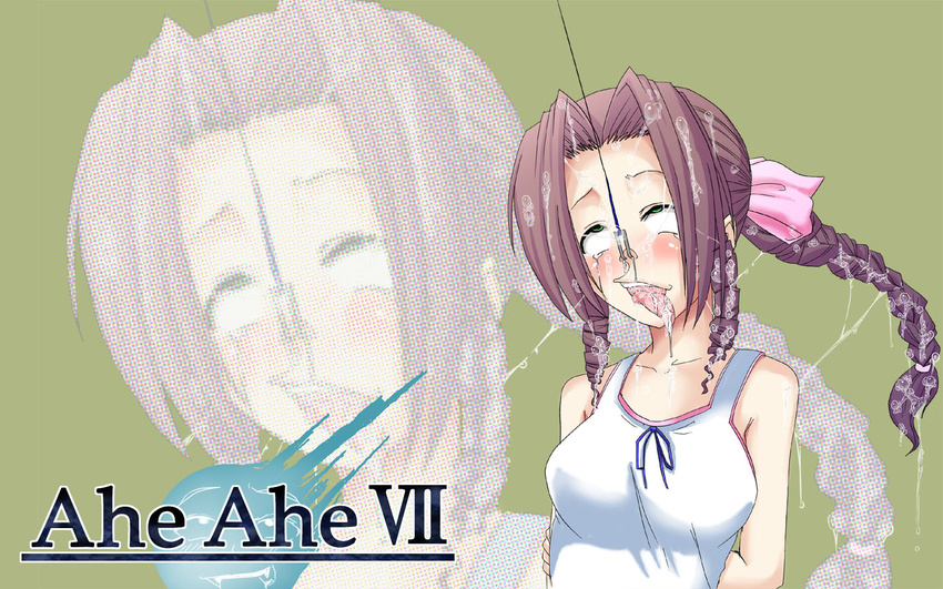 1girl aerith_gainsborough ahegao artist_request blush brown_hair cum cum_in_mouth cum_on_hair cum_on_tongue cum_string cumdrip double_zero drooling facial female final_fantasy final_fantasy_vii green_eyes hair_ribbon long_hair nose_hook ribbon rolling_eyes saliva solo tears tongue tongue_out zoom_layer