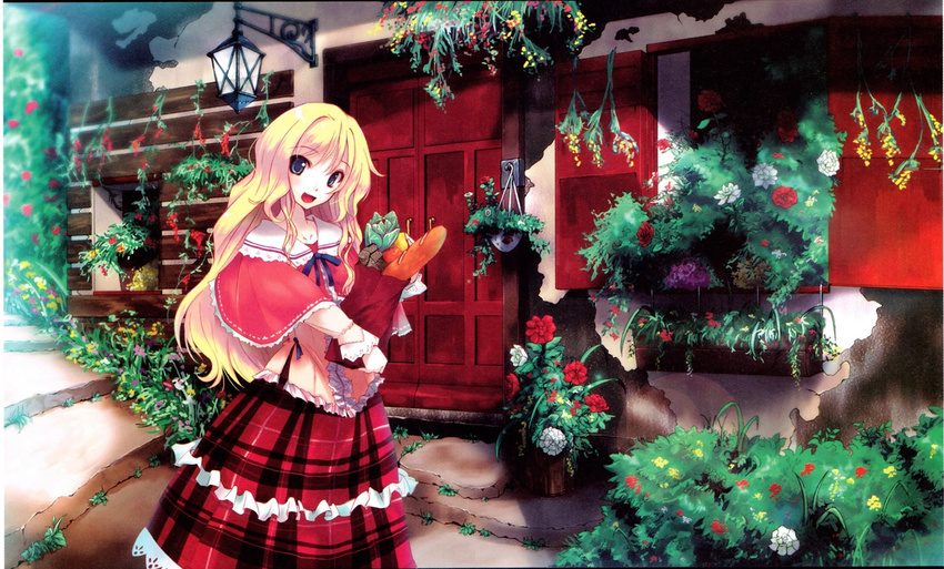 1girl :d bag blonde_hair blue_eyes blush bread carrying door dress flower food frilled_dress frills fruit grass head_tilt highres house lamp long_hair long_sleeves looking_at_viewer open_mouth original outdoors plaid plaid_dress plant potted_plant red_rose ribbon rose scenery shade shawl shopping_bag smile solo stairs standing tamaki_fuyu tomato uniform vegetable wall wallpaper wavy_hair white_rose