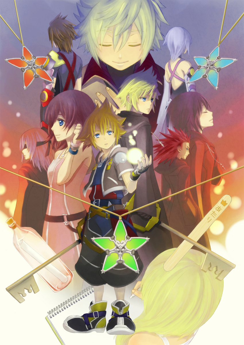 6+boys akotaman aqua_(kingdom_hearts) armor axel_(kingdom_hearts) black_coat_(kingdom_hearts) black_gloves black_hair blindfold blonde_hair blue_eyes blue_hair brown_hair chain_necklace cloak closed_eyes detached_sleeves facial_mark fingerless_gloves gloves green_eyes highres hood hoodie kairi_(kingdom_hearts) keyblade kingdom_hearts kingdom_hearts_358/2_days kingdom_hearts_birth_by_sleep message_in_a_bottle multiple_boys multiple_girls namine popsicle_stick red_hair riku roxas short_hair sketchbook sora_(kingdom_hearts) terra_(kingdom_hearts) ventus xion_(kingdom_hearts)