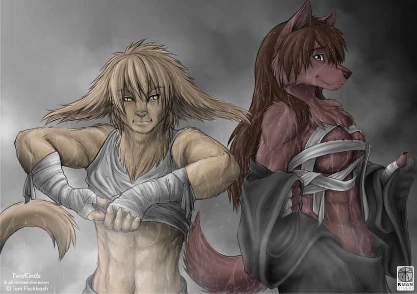 anthro basitin blonde_hair breasts brown_fur brown_hair canine chest_tuft claws clothing duo female fur hair keidran keith_keiser kman-studio long_hair looking_at_viewer male mammal muscles natani shirt smile standing steam tan_fur tank_top tuft twokinds undressing water wet wolf yellow_eyes
