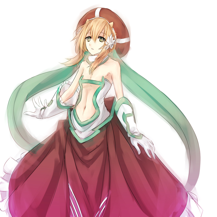 1girl bare_shoulders blonde_hair breasts center_opening clione collaboration drawfag elbow_gloves flower gloves green_hair hair_flower hair_ornament hat highres long_skirt monorus navel scarf skirt small_breasts solo white_gloves yumekui_merry