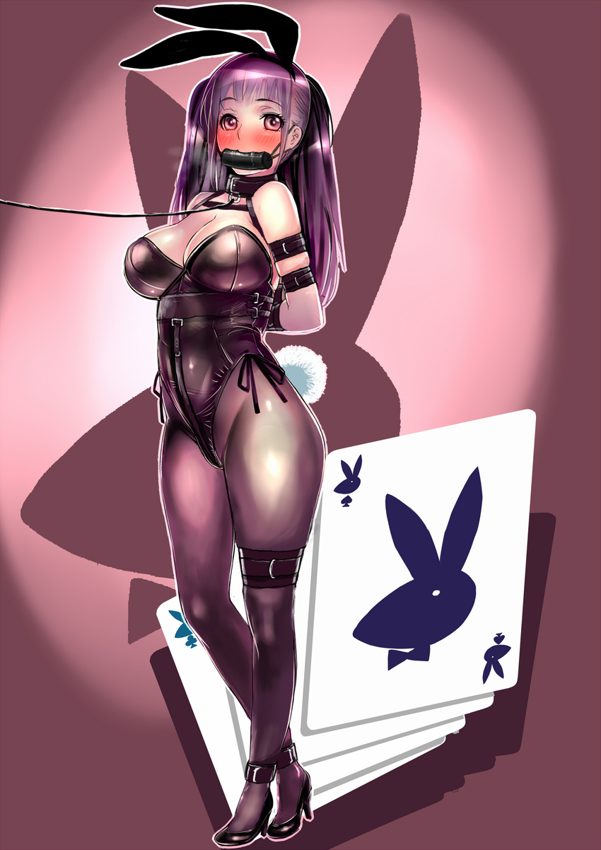 animal_ears arms_behind_back bdsm bit_gag blush bondage bound breasts brown_eyes bunny_ears bunny_tail bunnysuit card cleavage clothed_navel collar dodai_shouji female gag gradient gradient_background high_heels highres large_breasts leash leather legs long_hair looking_at_viewer pantyhose photoshop playing_card purple_eyes purple_hair saliva skindentation solo tail thighs twintails