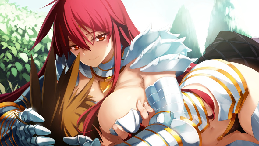 1boy 1girl armor balin_(eiyuu_senki) breasts eiyuu_senki game_cg ooyari_ashito outdoors protagonist_(eiyuu_senki) sky tenco