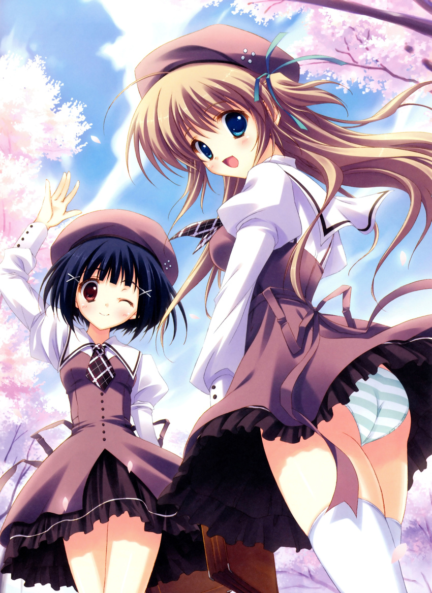 :d ;) absurdres arm_up ass blue_eyes blue_hair blue_panties blue_sky brown_eyes brown_hair cherry_blossoms cloud day hat highres multiple_girls one_eye_closed open_mouth panties ryouka_(suzuya) scan school_uniform sky smile striped striped_panties two_side_up underwear upskirt white_panties