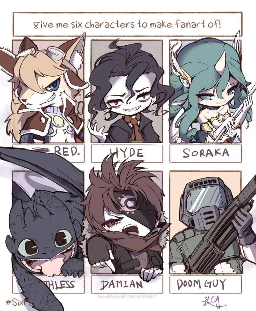 1_horn 2020 5_fingers anthro armor black_body black_clothing black_eyebrows black_eyes black_fingerless_gloves black_gloves black_hair black_handwear black_headkerchief black_kerchief black_scales black_topwear black_wings blue_choker blue_clothing blue_eyes blue_gloves blue_handwear blue_jewelry blue_necklace blue_topwear brown_clothing brown_eyes brown_hair brown_scarf brown_topwear bust_portrait canid canine character_name character_request chiayeeee choker claws closed_smile clothed clothed_anthro clothed_female clothed_male clothing countershade_face countershade_fur countershading digital_drawing_(artwork) digital_media_(artwork) doom_(series) doom_slayer dragon dreamworks english_text european_mythology eyebrows eyewear eyewear_on_head feather_accessory feathered_wings feathers female finger_claws fingerless_gloves fingers fox fur furrowed_brow fury_(httyd) gesture gloves goggles goggles_on_head green_armor green_eyes green_hair hair hand_gesture handwear headgear headkerchief headwear helmet hi_res holding_object holding_weapon horn how_to_train_your_dragon human humanoid id_software inner_ear_fluff jewelry kerchief long_hair looking_at_viewer male mammal meme microsoft mouth_closed multiple_images mythological_creature mythological_scalie mythology necklace necktie night_fury obscured_face one_eye_obstructed one_fang open_mouth open_smile pointing pointing_down portrait raised_arm red_eyes red_necktie scales scalie scarf short_hair signature simple_background six_fanarts_challenge smile smiling_at_viewer smirk smirking_at_viewer solo tan_body tan_fur text tongue tongue_out toothless toothy_grin topwear tuft weapon western_dragon white_background white_body white_clothing white_countershading white_gloves white_handwear white_horn white_inner_ear_fluff white_sclera white_skin white_topwear winged_humanoid wings