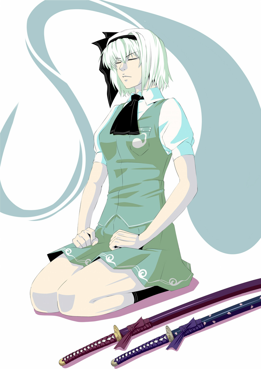 black_hairband closed_eyes hair_ribbon hairband highres hitodama katana konpaku_youmu konpaku_youmu_(ghost) meditation ribbon seiza short_hair silver_hair sitting skirt solo sword touhou versapro weapon