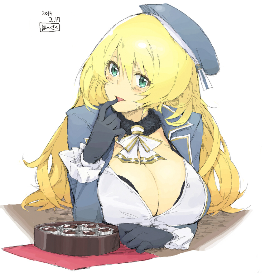 angelo_(gomahangetsu) atago_(kantai_collection) beret blonde_hair box_of_chocolates breasts chocolate cleavage finger_to_mouth gloves green_eyes hat highres huge_breasts kantai_collection long_hair looking_at_viewer solo tongue translation_request valentine