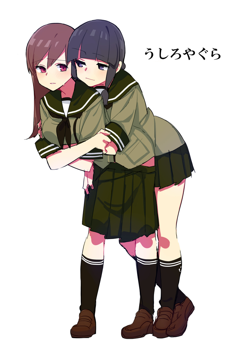 bangs black_hair blunt_bangs blush braid brown_eyes brown_hair highres hug kantai_collection kitakami_(kantai_collection) long_hair multiple_girls ooi_(kantai_collection) school_uniform serafuku skirt smile translated yomosaka