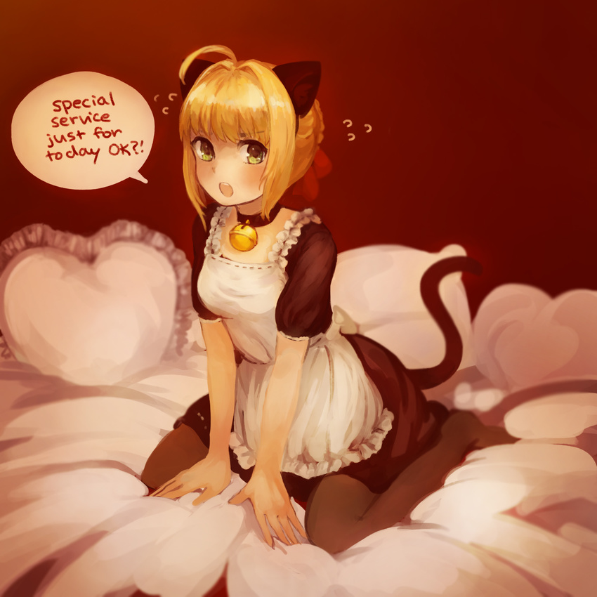 ahoge alternate_costume animal_ears anonymous_drawfag apron bed_sheet bell bell_choker blonde_hair blush braid breasts cat_ears cat_tail choker english enmaided fate/extra fate_(series) french_braid frilled_apron frilled_pillow frills green_eyes hair_intakes hair_ribbon highres kemonomimi_mode maid medium_breasts nero_claudius_(fate) nero_claudius_(fate)_(all) no_shoes on_bed pantyhose pillow ribbon short_hair sitting solo tail tsundere v_arms valentine wariza