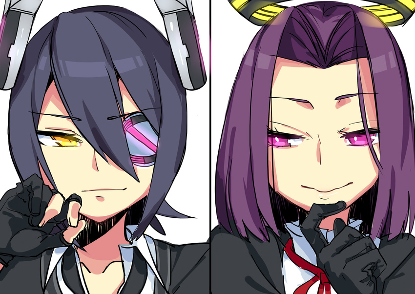 eyepatch gloves headgear highres kantai_collection mechanical_halo multiple_girls purple_eyes purple_hair school_uniform short_hair smile tatsuta_(kantai_collection) tenryuu_(kantai_collection) yellow_eyes yomosaka