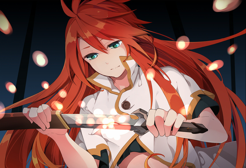 amuri bad_id bad_pixiv_id green_eyes jacket left-handed long_hair luke_fon_fabre male_focus red_hair solo sword tales_of_(series) tales_of_the_abyss weapon