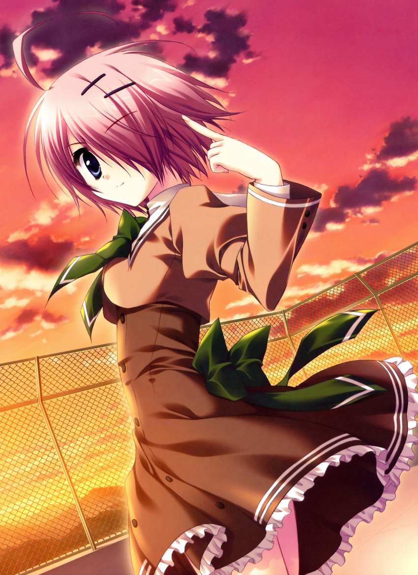 absurdres akane-iro_ni_somaru_saka blue_eyes chain-link_fence fence hair_ornament hair_over_one_eye hairclip highres pink_hair scan school_uniform shiraishi_nagomi short_hair sunset