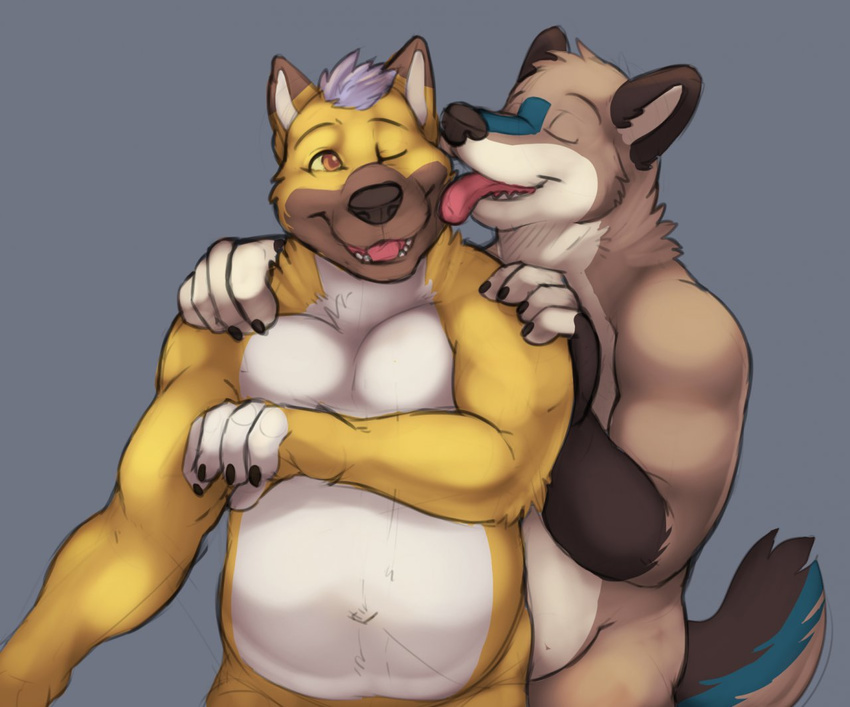anthro black_nose canine chubby cuddling dog duo eyes_closed fur gay hair happy horrorbuns licking male mammal nude plain_background rizzja sheppymilo tan_fur tongue tongue_out yellow_eyes yellow_fur