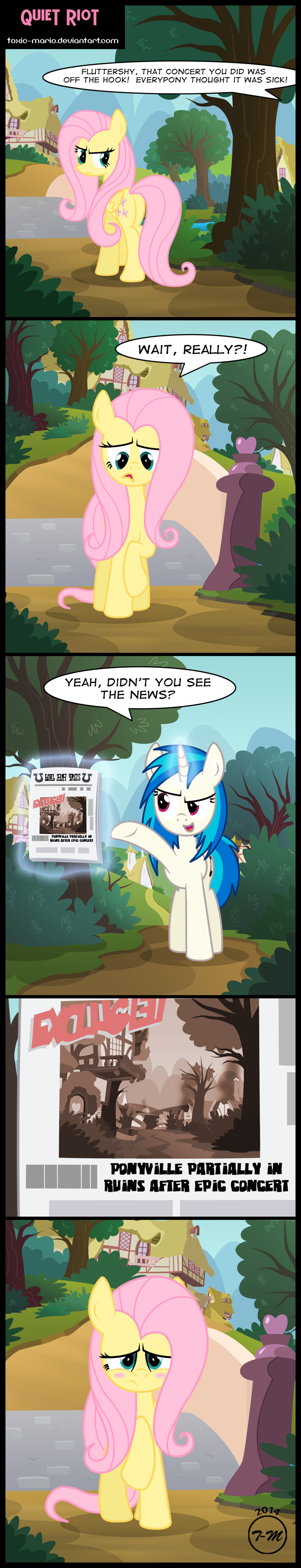 blue_eyes blue_hair blush bridge building bush comic cutie_mark dialog english_text equine female fluttershy_(mlp) friendship_is_magic glowing grass hair horn horse house levitation magic mammal mountain my_little_pony newspaper path pegasus pink_hair pony ponyville sky text toxic-mario tree two_tone_hair unicorn vinyl_scratch_(mlp) wings