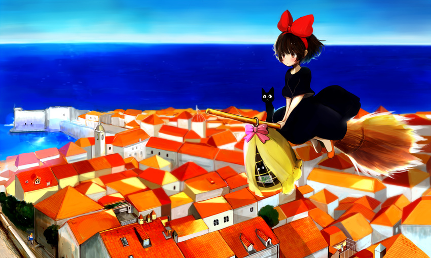 1girl black_cat bow broom broom_riding brown_hair cat flying hair_bow kiki landscape majo_no_takkyuubin mari_(marixrian) ocean scenery sea short_hair sky solo studio_ghibli witch