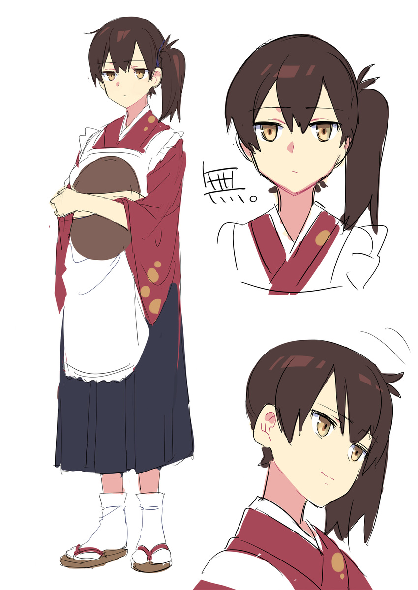 alternate_costume apron brown_eyes brown_hair expressions highres japanese_clothes kaga_(kantai_collection) kantai_collection kimono light_smile short_hair side_ponytail sketch solo translation_request tray waitress yomosaka