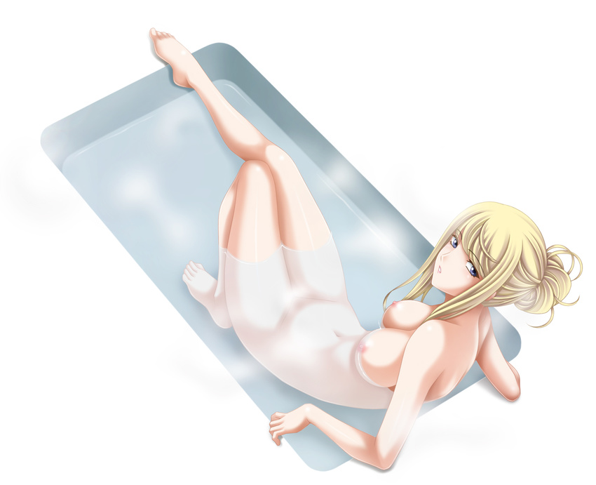 bathing bathtub blonde_hair blue_eyes breasts highres large_breasts looking_at_viewer metroid nipples nude parted_lips partially_submerged ponytail samus_aran sitting solo steam tamamon water