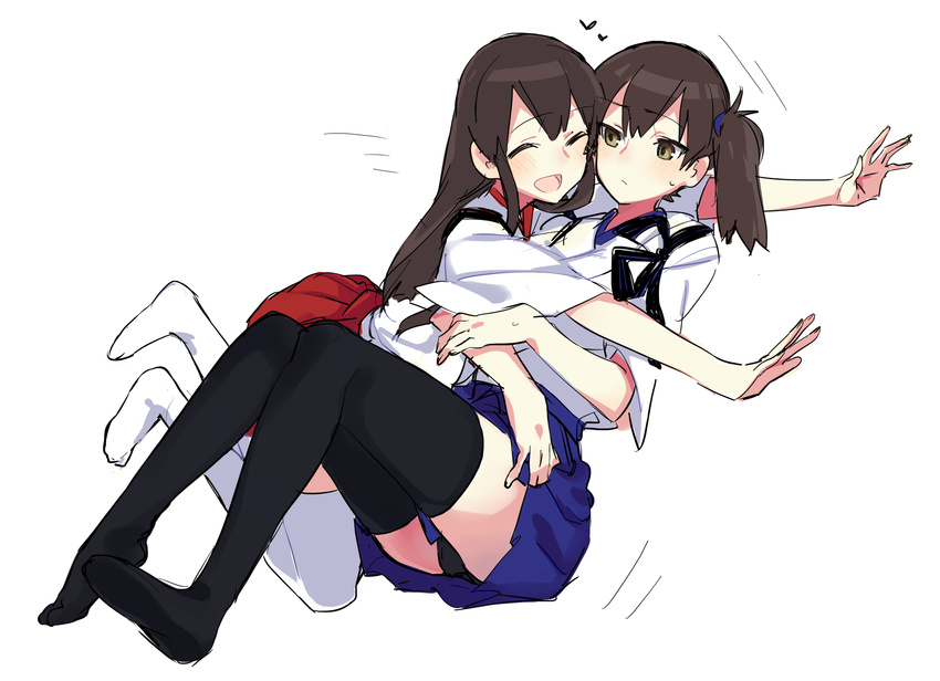 ^_^ akagi_(kantai_collection) black_legwear blush brown_eyes brown_hair closed_eyes glomp highres hug japanese_clothes kaga_(kantai_collection) kantai_collection long_hair multiple_girls open_mouth short_hair side_ponytail sitting skirt smile thighhighs white_legwear yomosaka