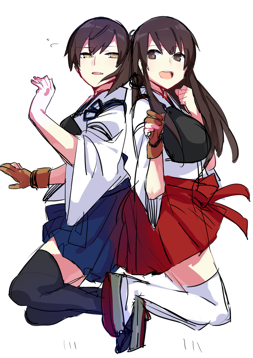 akagi_(kantai_collection) brown_eyes brown_hair glasses highres japanese_clothes kaga_(kantai_collection) kantai_collection long_hair multiple_girls muneate open_mouth short_hair side_ponytail sketch skirt smile thighhighs white_background yomosaka