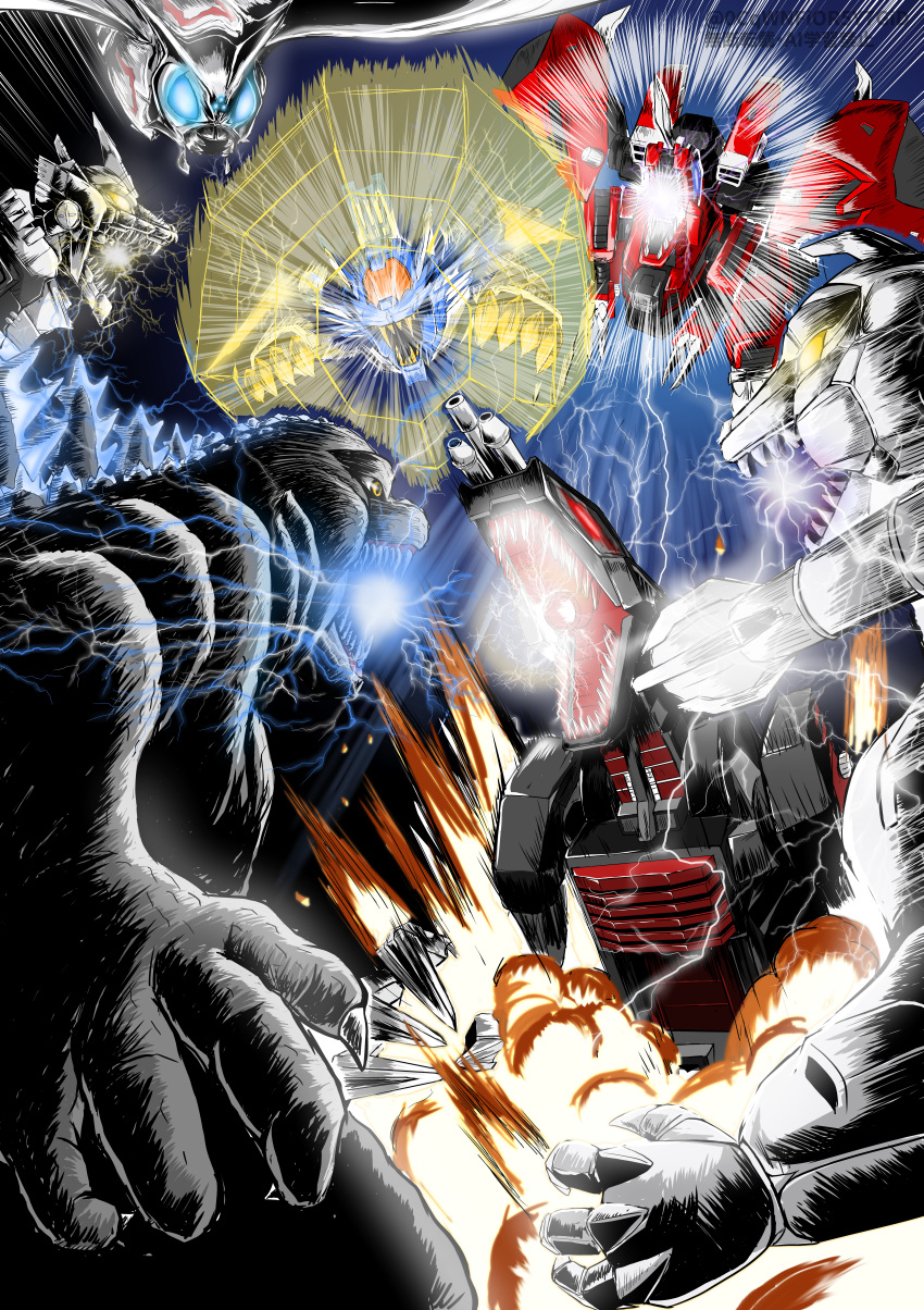 absurdres antennae arm_slave_(mecha) battle blade_liger blue_eyes bug character_request check_character check_copyright claws commentary_request copyright_request crossover cyborg giant giant_monster glowing glowing_eyes glowing_mouth godzilla godzilla:_tokyo_s.o.s. godzilla_(series) godzilla_against_mechagodzilla godzilla_vs._mechagodzilla_ii highres horns insect_wings jaw kaiju kiryu_(godzilla) level_herock lion mecha mecha_pilot_suit mechagodzilla mechagodzilla_(1993) monster moth moth_wings mothra motion_slit mouth_beam no_humans non-humanoid_robot open_mouth red_eyes roaring robot robot_animal science_fiction sharp_teeth single_horn spines super_robot teeth wings yellow_eyes zoids zoids_chaotic_century