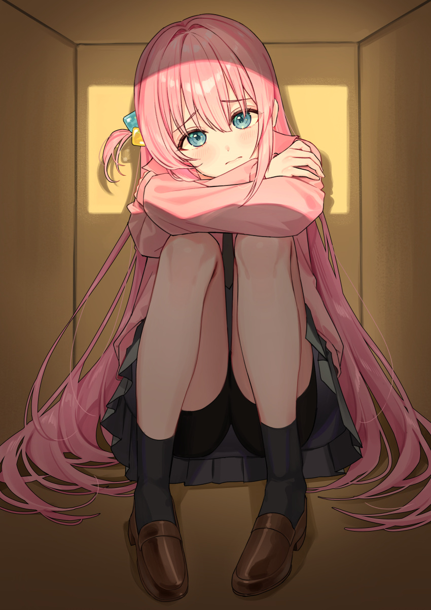1girl absurdres arm_rest black_shorts black_socks blue_eyes bocchi_the_rock! box brown_shoes cardboard_box closed_mouth commentary crossed_arms cube_hair_ornament english_commentary full_body furrowed_brow gotoh_hitori grey_skirt hair_intakes hair_ornament head_tilt highres in_box in_container jacket legs_up light_blush loafers long_hair long_sleeves looking_at_viewer pink_hair pink_jacket pleated_skirt rounizm shoes shorts sitting skirt sleeve_cuffs socks solo track_jacket very_long_hair