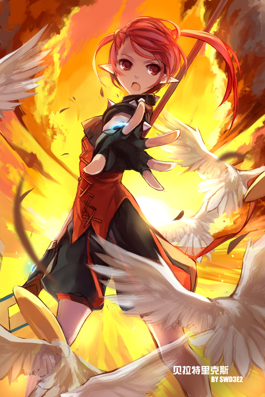 artist_name bad_id bad_pixiv_id battle_mage_(dungeon_and_fighter) bird black_gloves black_shorts dungeon_and_fighter fingerless_gloves gloves highres holding holding_weapon looking_at_viewer mage_(dungeon_and_fighter) open_mouth outstretched_arm pointy_ears polearm red_eyes red_hair short_hair shorts solo spear swd3e2 weapon