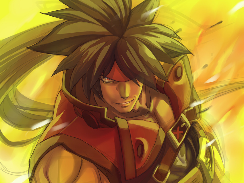 black_hair forehead_protector guilty_gear guilty_gear_xrd hair_over_one_eye headband long_hair male_focus miruhito_(sakiomiruhito) muscle nose ponytail red_eyes sol_badguy solo spiked_hair upper_body