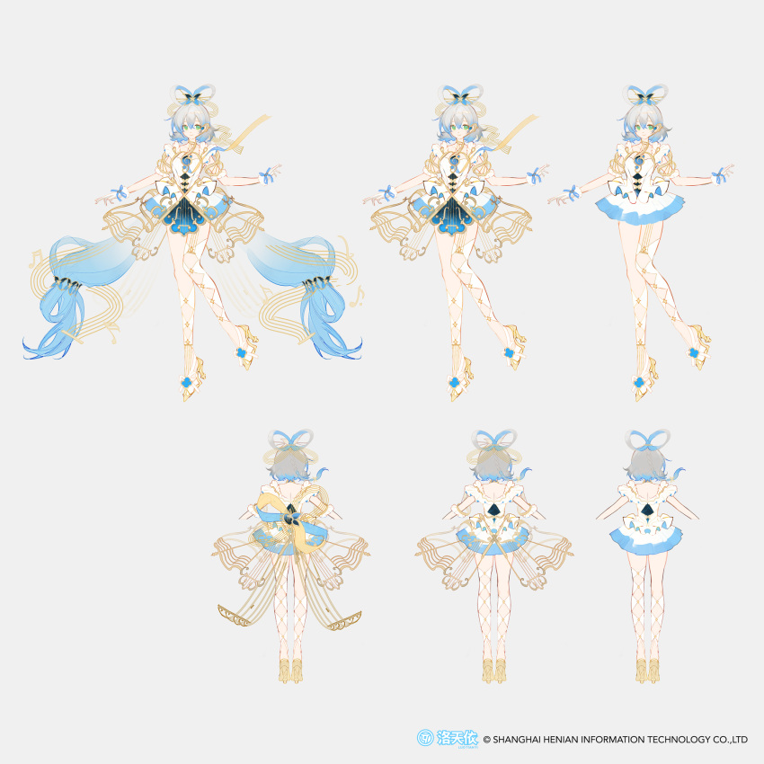 6+girls back blue_dress blue_hair blue_ribbon blue_skirt bud chinese_commentary chinese_hairpin closed_mouth commentary_request dress full_body glove_bow gloves green_eyes grey_background grey_hair hair_ornament high_heels highres legs long_hair looking_at_viewer luo_tianyi mage_staff multicolored_hair multiple_girls multiple_views muscular muscular_female music musical_note musical_note_belt musical_note_hair_ornament musical_note_ornament musical_staff musical_staff_print pantyhose reference_sheet ribbon satsuya shirt short_hair simple_background skinny skirt smile socks staff standing tree twintails very_long_hair vocaloid vsinger_(vocaloid) white_dress white_gloves white_hair white_shirt