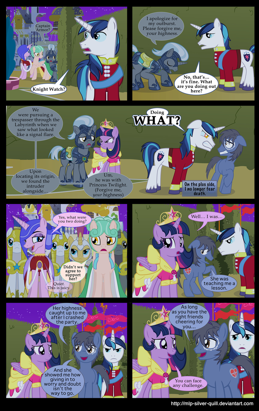 armor blue_fur blue_hair comic crown dialog dress english_text equine female flag friendship_is_magic fur glare green_hair grey_fur grey_hair hair hedges helmet horn horse male mammal mlp-silver-quill multi-colored_hair my_little_pony open_mouth original_character outside pegasus pony purple_fur purple_hair royalty shining_armor_(mlp) stars tails teeth text twilight_sparkle_(mlp) two_tone_hair unicorn white_fur winged_unicorn wings yellow_eyes