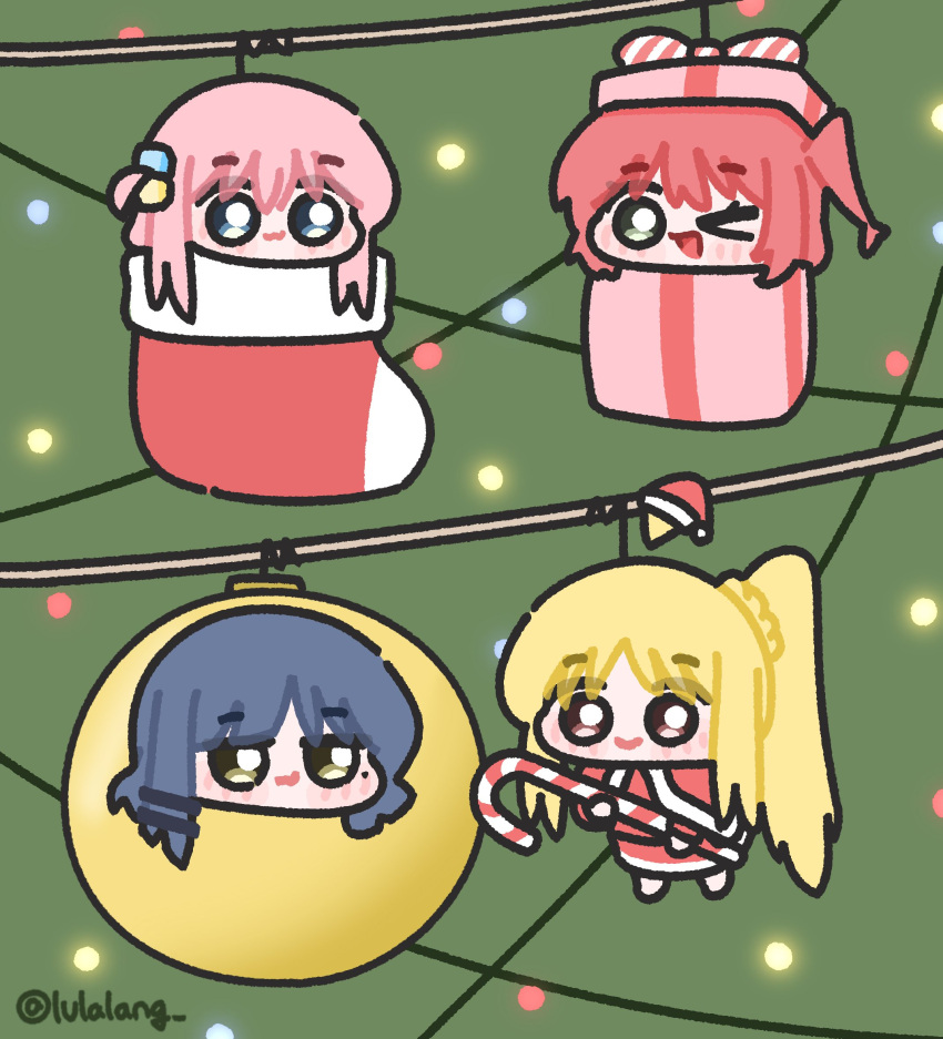 4girls :3 blonde_hair blue_eyes blue_hair bocchi_the_rock! box brown_eyes candy candy_cane chibi chibi_only christmas christmas_ornaments christmas_stocking christmas_tree closed_mouth commentary cube_hair_ornament decorations food gift gift_box gotoh_hitori green_eyes hair_ornament hanging highres holding holding_candy holding_candy_cane holding_food ijichi_nijika in_box in_container kita_ikuyo long_hair looking_at_viewer lulalang mole mole_under_eye multiple_girls one_eye_closed one_side_up open_mouth parted_bangs pink_hair red_hair side_ponytail smile symbol-only_commentary twitter_username yamada_ryo